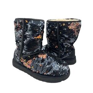 Ugg Classic Short Sequin Stars Sparkle Black Womens Sheepskin Bling Boots SZ 10